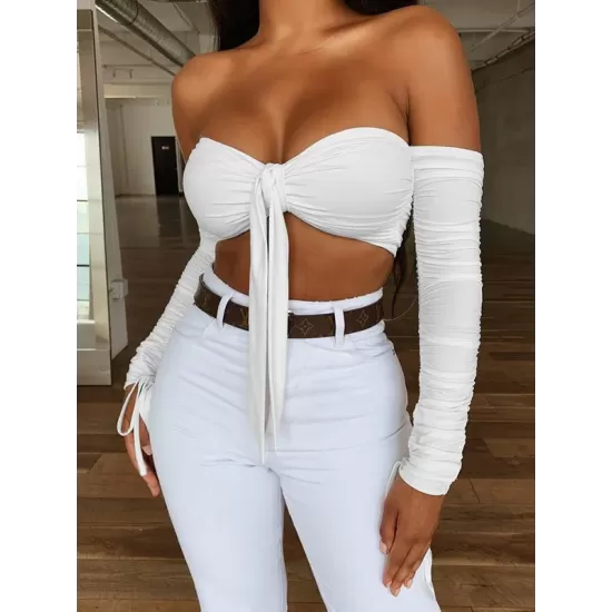 Solid Color Off-The-Shoulder Long-Sleeved Knotted Split Tankini Swimsuit Solid Color Off-The-Shoulder Long-Sleeved Knotted Split Tankini Swimsuit