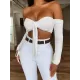 Solid Color Off-The-Shoulder Long-Sleeved Knotted Split Tankini Swimsuit Solid Color Off-The-Shoulder Long-Sleeved Knotted Split Tankini Swimsuit