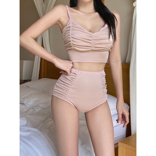 Ins Concise Pleated Split-Joint Split Bikini Swimsuit Ins Concise Pleated Split-Joint Split Bikini Swimsuit