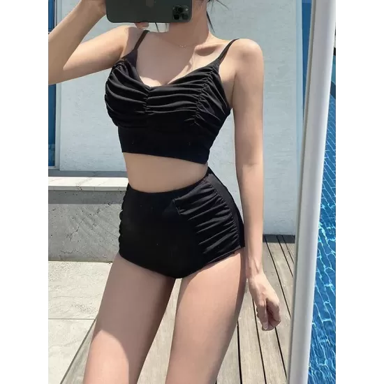 Ins Concise Pleated Split-Joint Split Bikini Swimsuit Ins Concise Pleated Split-Joint Split Bikini Swimsuit