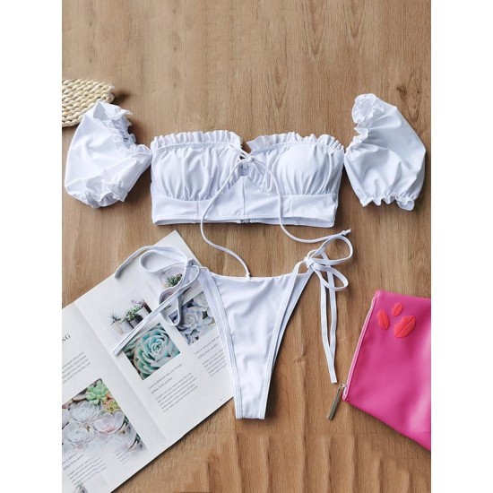 Sweet Puff Sleeves Ruffled Split Tankini Swimsuit Sweet Puff Sleeves Ruffled Split Tankini Swimsuit