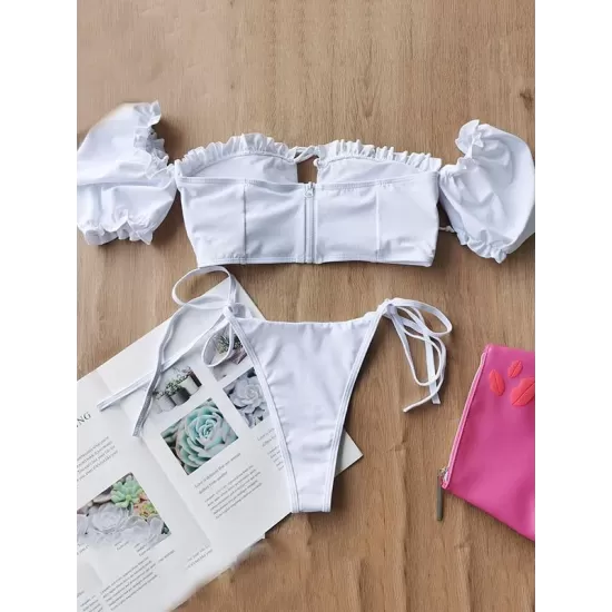 Sweet Puff Sleeves Ruffled Split Tankini Swimsuit Sweet Puff Sleeves Ruffled Split Tankini Swimsuit