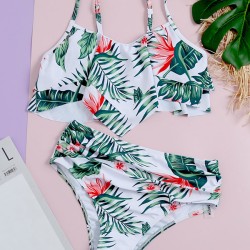 Floral-Print Falbala Folds Split Tankini Swimsuit