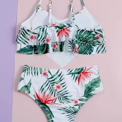Floral-Print Falbala Folds Split Tankini Swimsuit
