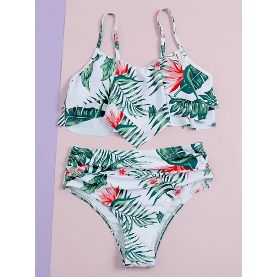 Floral-Print Falbala Folds Split Tankini Swimsuit Floral-Print Falbala Folds Split Tankini Swimsuit