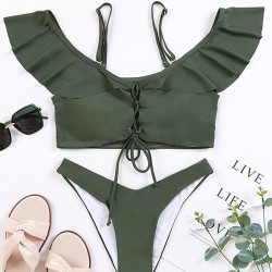 Solid Color Off-The-Shoulder Flared Sleeves Split Bikini Swimsuit