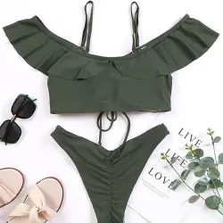 Solid Color Off-The-Shoulder Flared Sleeves Split Bikini Swimsuit