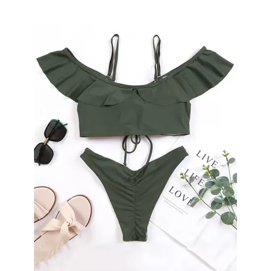 Solid Color Off-The-Shoulder Flared Sleeves Split Bikini Swimsuit Solid Color Off-The-Shoulder Flared Sleeves Split Bikini Swimsuit