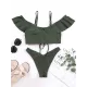 Solid Color Off-The-Shoulder Flared Sleeves Split Bikini Swimsuit Solid Color Off-The-Shoulder Flared Sleeves Split Bikini Swimsuit
