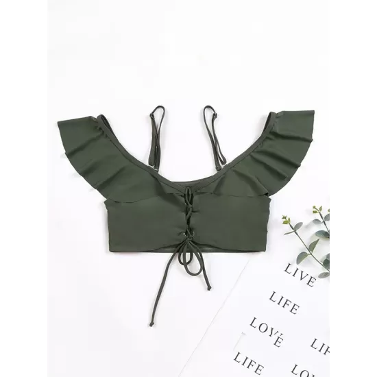 Solid Color Off-The-Shoulder Flared Sleeves Split Bikini Swimsuit Solid Color Off-The-Shoulder Flared Sleeves Split Bikini Swimsuit