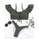 Solid Color Off-The-Shoulder Flared Sleeves Split Bikini Swimsuit Solid Color Off-The-Shoulder Flared Sleeves Split Bikini Swimsuit