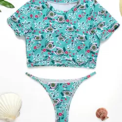 Floral-Print Short Sleeve Split Handsome Wetsuit