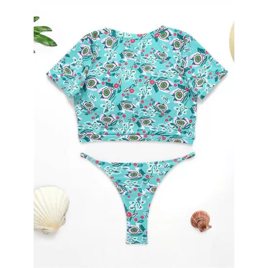 Floral-Print Short Sleeve Split Handsome Wetsuit Floral-Print Short Sleeve Split Handsome Wetsuit
