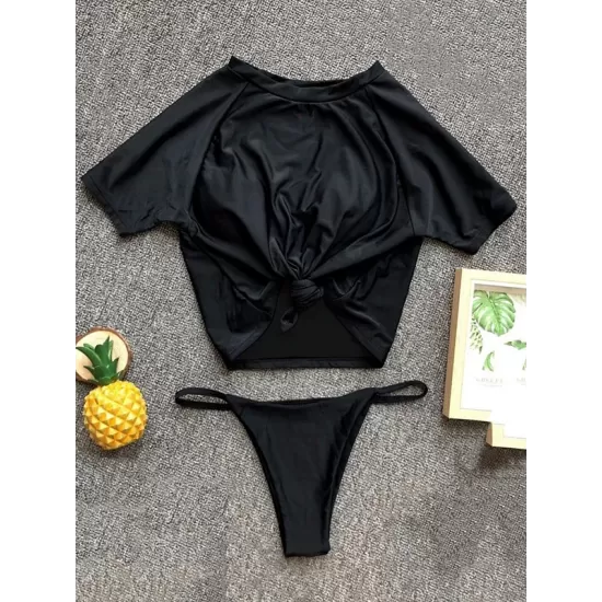 Solid Color Short Sleevetop Split Tankini Swimsuit Solid Color Short Sleevetop Split Tankini Swimsuit