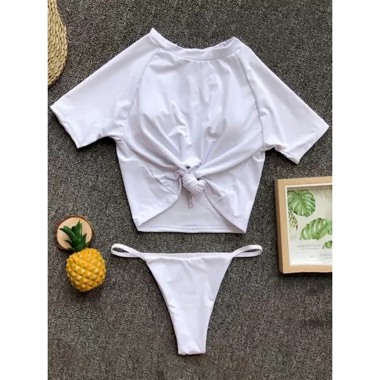 Solid Color Short Sleevetop Split Tankini Swimsuit Solid Color Short Sleevetop Split Tankini Swimsuit