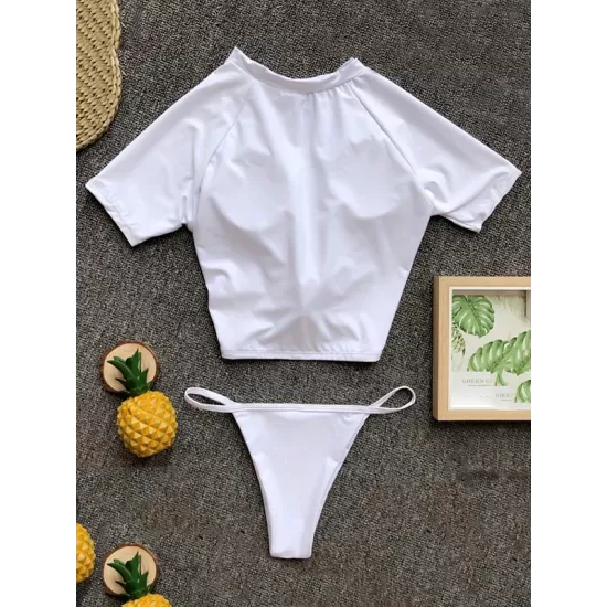 Solid Color Short Sleevetop Split Tankini Swimsuit Solid Color Short Sleevetop Split Tankini Swimsuit