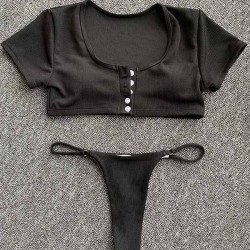 Solid Color Striped Short Sleeve Button Split Tankini Swimsuit