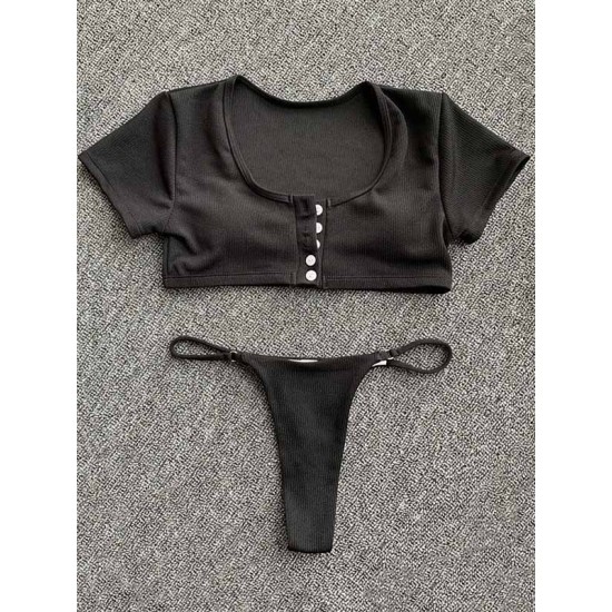 Solid Color Striped Short Sleeve Button Split Tankini Swimsuit Solid Color Striped Short Sleeve Button Split Tankini Swimsuit