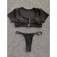 Solid Color Striped Short Sleeve Button Split Tankini Swimsuit Solid Color Striped Short Sleeve Button Split Tankini Swimsuit