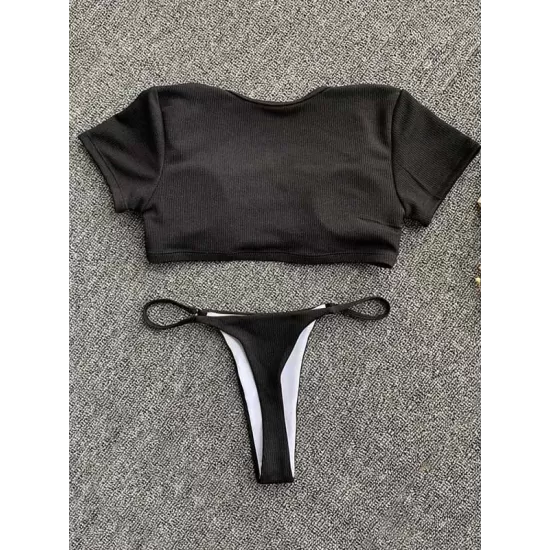 Solid Color Striped Short Sleeve Button Split Tankini Swimsuit Solid Color Striped Short Sleeve Button Split Tankini Swimsuit