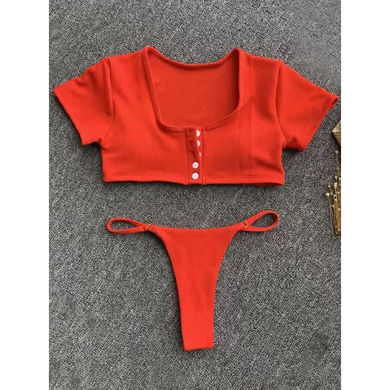 Solid Color Striped Short Sleeve Button Split Tankini Swimsuit Solid Color Striped Short Sleeve Button Split Tankini Swimsuit