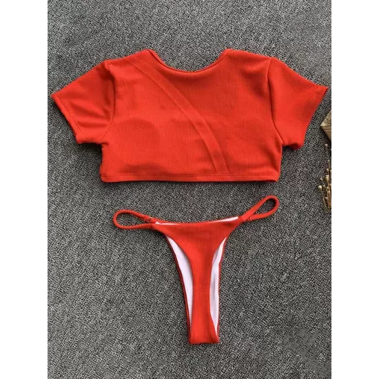 Solid Color Striped Short Sleeve Button Split Tankini Swimsuit Solid Color Striped Short Sleeve Button Split Tankini Swimsuit
