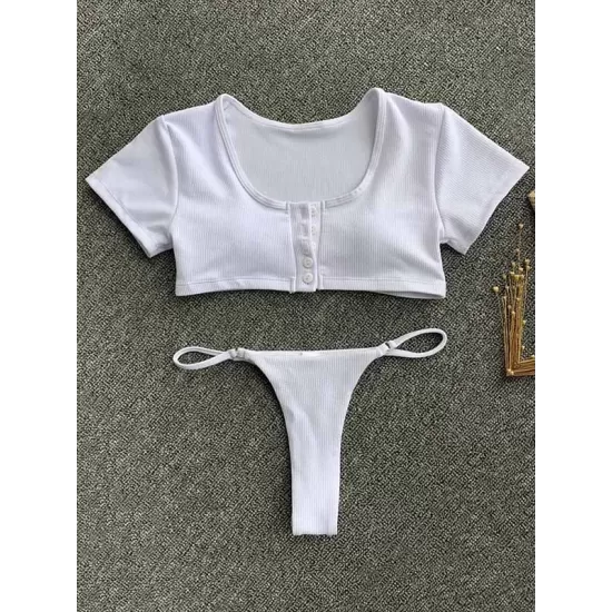 Solid Color Striped Short Sleeve Button Split Tankini Swimsuit Solid Color Striped Short Sleeve Button Split Tankini Swimsuit