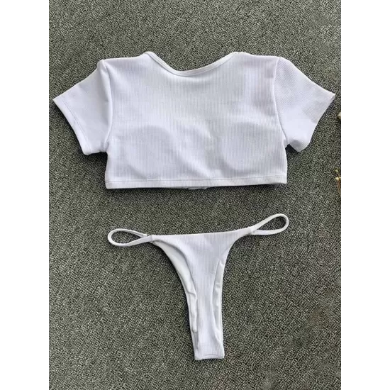 Solid Color Striped Short Sleeve Button Split Tankini Swimsuit Solid Color Striped Short Sleeve Button Split Tankini Swimsuit