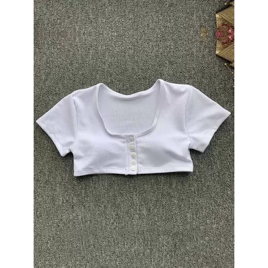 Solid Color Striped Short Sleeve Button Split Tankini Swimsuit Solid Color Striped Short Sleeve Button Split Tankini Swimsuit