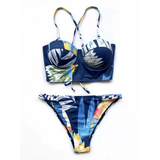 Abstract Printed Underwired Bandeau Split Bikini Swimsuit Abstract Printed Underwired Bandeau Split Bikini Swimsuit