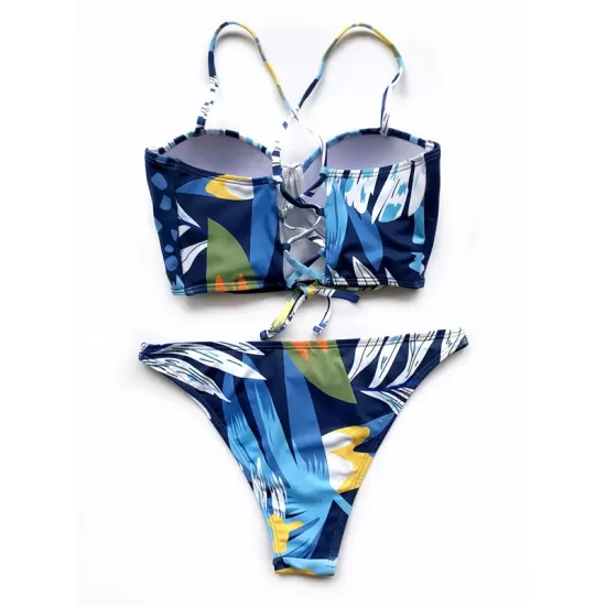 Abstract Printed Underwired Bandeau Split Bikini Swimsuit Abstract Printed Underwired Bandeau Split Bikini Swimsuit