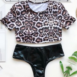 Leopard Print Color-Block Short Sleeve Split Bikini Swimsuit