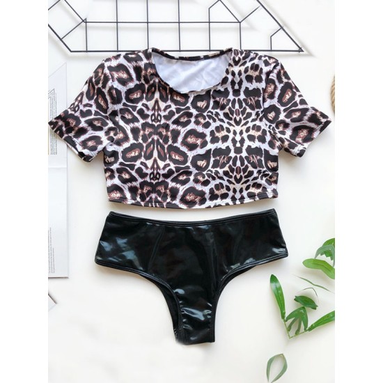 Leopard Print Color-Block Short Sleeve Split Bikini Swimsuit Leopard Print Color-Block Short Sleeve Split Bikini Swimsuit