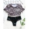 Leopard Print Color-Block Short Sleeve Split Bikini Swimsuit