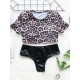 Leopard Print Color-Block Short Sleeve Split Bikini Swimsuit Leopard Print Color-Block Short Sleeve Split Bikini Swimsuit