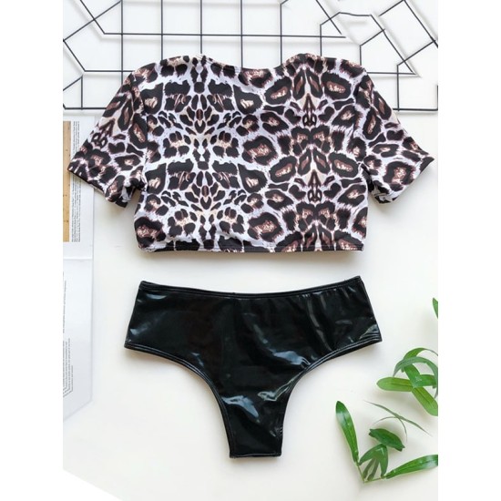 Leopard Print Color-Block Short Sleeve Split Bikini Swimsuit Leopard Print Color-Block Short Sleeve Split Bikini Swimsuit