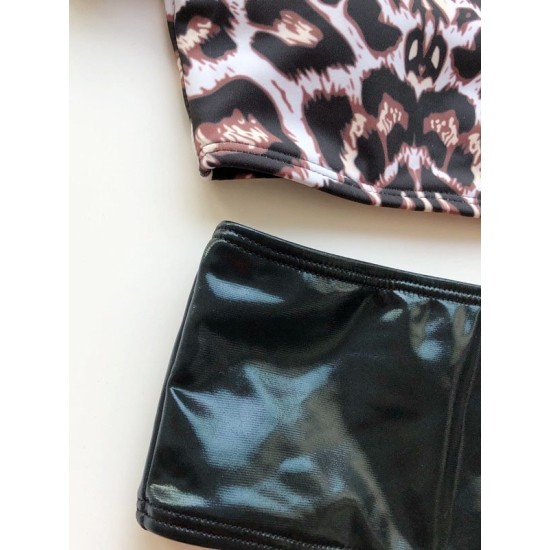 Leopard Print Color-Block Short Sleeve Split Bikini Swimsuit Leopard Print Color-Block Short Sleeve Split Bikini Swimsuit