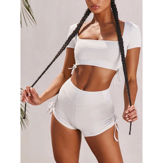 Solid Color Short Sleeve Sporty Split Tankini Swimsuit Solid Color Short Sleeve Sporty Split Tankini Swimsuit