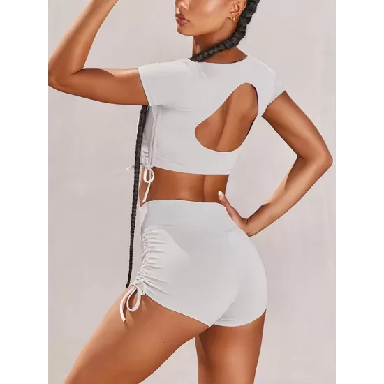 Solid Color Short Sleeve Sporty Split Tankini Swimsuit Solid Color Short Sleeve Sporty Split Tankini Swimsuit