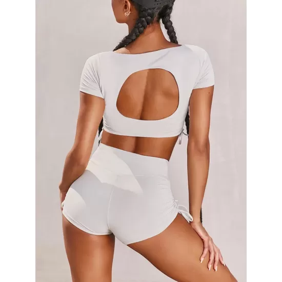 Solid Color Short Sleeve Sporty Split Tankini Swimsuit Solid Color Short Sleeve Sporty Split Tankini Swimsuit