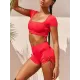 Solid Color Short Sleeve Sporty Split Tankini Swimsuit Solid Color Short Sleeve Sporty Split Tankini Swimsuit