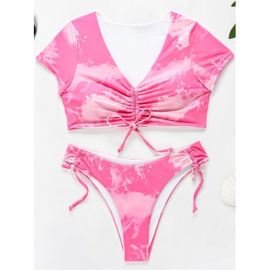 Tie-Dyed Printed Drawstring Short Sleeve Split Tankini Swimsuit Tie-Dyed Printed Drawstring Short Sleeve Split Tankini Swimsuit