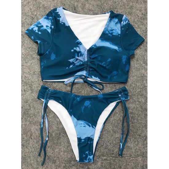 Tie-Dyed Printed Drawstring Short Sleeve Split Tankini Swimsuit Tie-Dyed Printed Drawstring Short Sleeve Split Tankini Swimsuit
