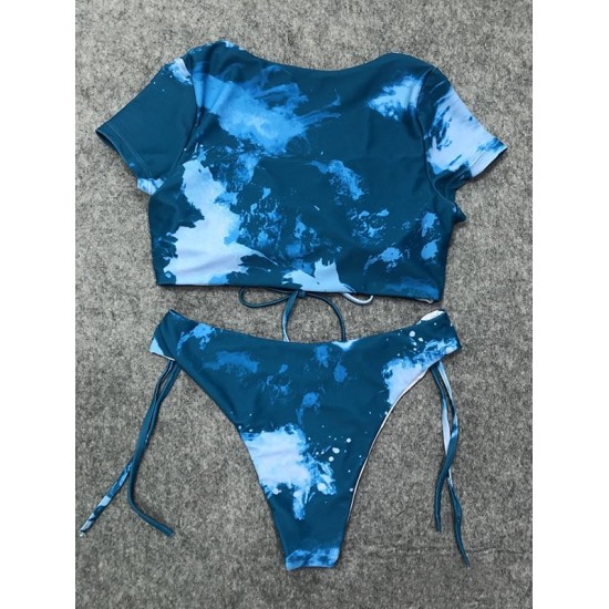 Tie-Dyed Printed Drawstring Short Sleeve Split Tankini Swimsuit Tie-Dyed Printed Drawstring Short Sleeve Split Tankini Swimsuit