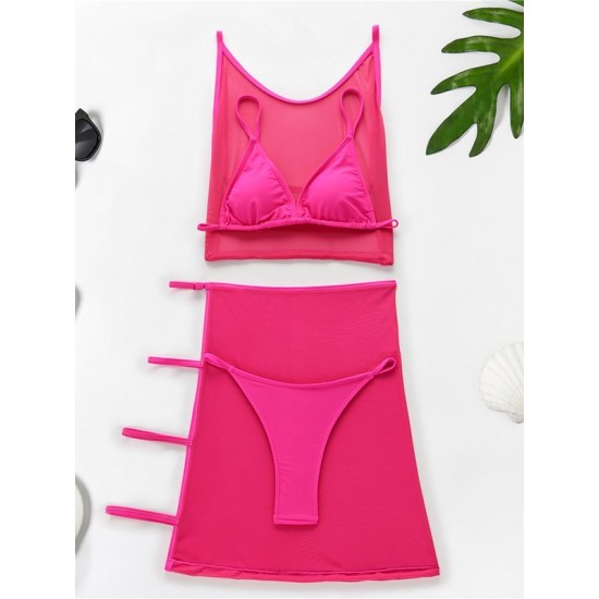 Solid Color Split Bikini Swimsuit+See-Through Split Cover-Ups Four Piece Set Solid Color Split Bikini Swimsuit+See-Through Split Cover-Ups Four Piece Set