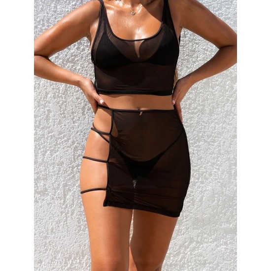 Solid Color Split Bikini Swimsuit+See-Through Split Cover-Ups Four Piece Set Solid Color Split Bikini Swimsuit+See-Through Split Cover-Ups Four Piece Set