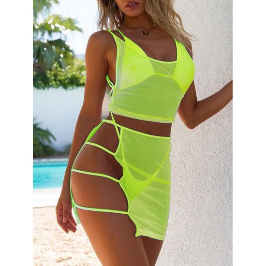 Solid Color Split Bikini Swimsuit+See-Through Split Cover-Ups Four Piece Set Solid Color Split Bikini Swimsuit+See-Through Split Cover-Ups Four Piece Set