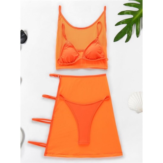 Solid Color Split Bikini Swimsuit+See-Through Split Cover-Ups Four Piece Set Solid Color Split Bikini Swimsuit+See-Through Split Cover-Ups Four Piece Set