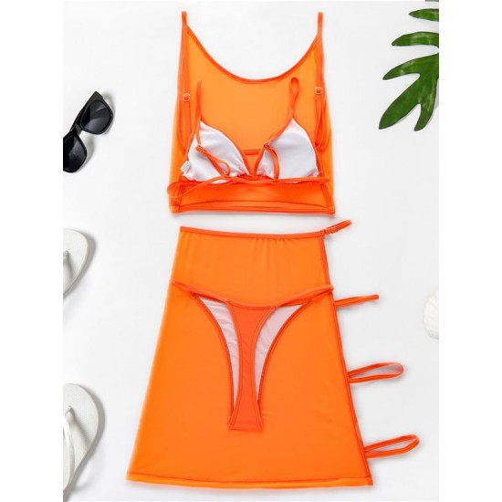 Solid Color Split Bikini Swimsuit+See-Through Split Cover-Ups Four Piece Set Solid Color Split Bikini Swimsuit+See-Through Split Cover-Ups Four Piece Set