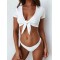 Black White Solid Color Short Sleeve Knotted Split Tankini Swimsuit